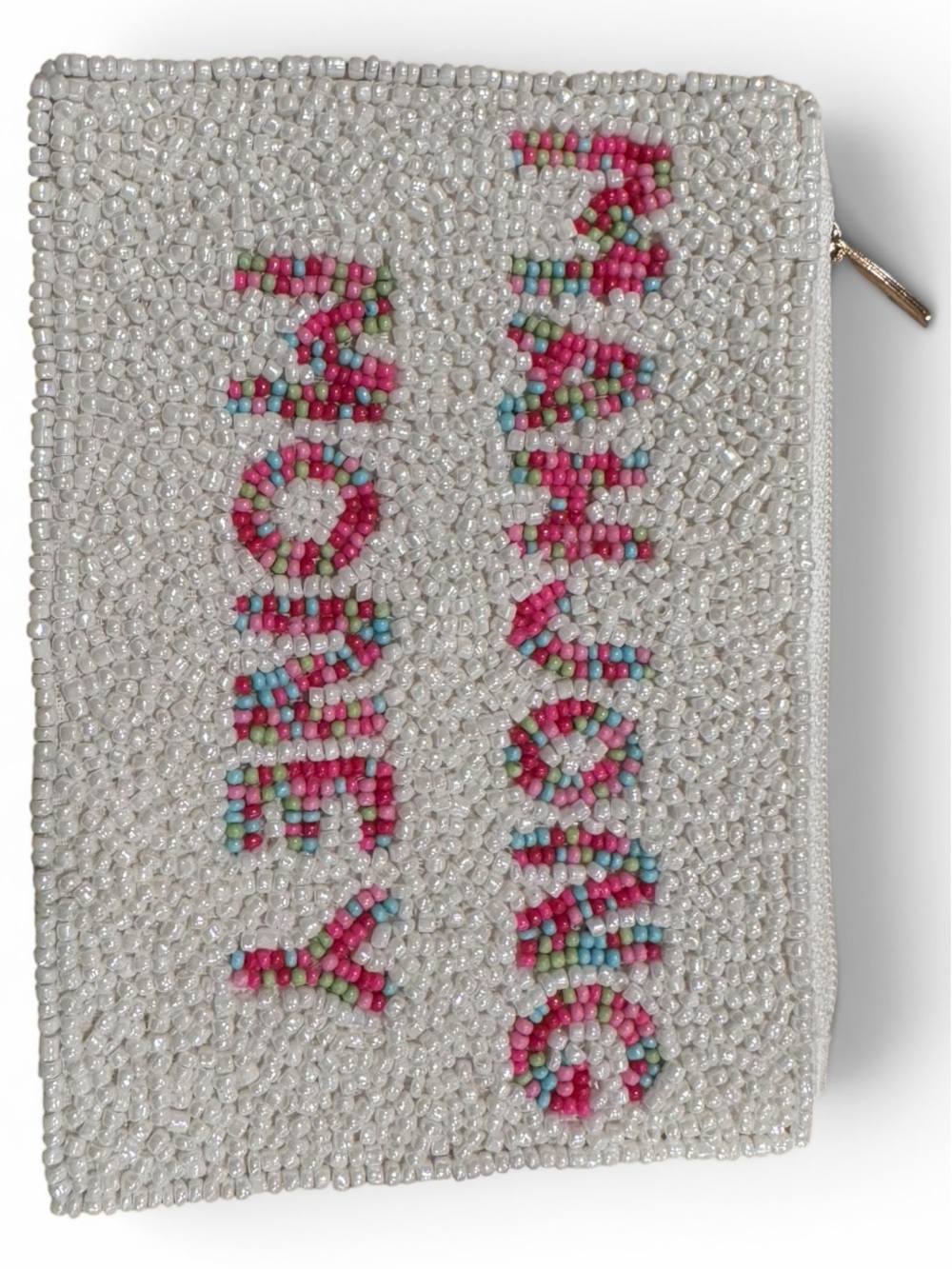 “Mahjong Money” Seed Bead Coin Purse Beaded Zip Pouch White - Picture 2 of 6